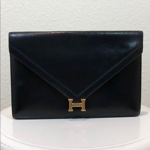 Hermes Lydie Navy Blue Box Leather Clutch 18066
